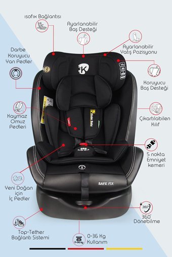 Kinder Baby Safe Fix Isofixli 360 Derece Dönen 0-36 kg Adac Sertifikalı Yatabilen Yükseklik Ayarlı Çift Yönlü Oto Koltuğu Siyah