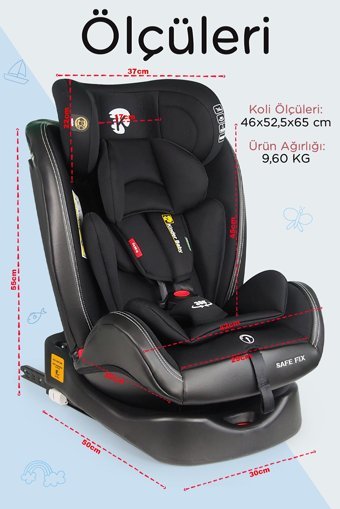 Kinder Baby Safe Fix Isofixli 360 Derece Dönen 0-36 kg Adac Sertifikalı Yatabilen Yükseklik Ayarlı Çift Yönlü Oto Koltuğu Siyah