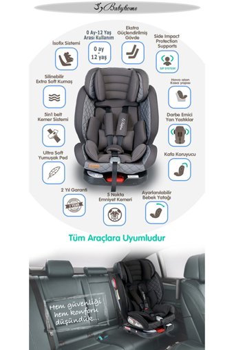 Baby Home 910 Nautilus Fix Isofixli-Emniyet Kemerli 360 Derece Dönen 0-36 kg Yatabilen Çift Yönlü Oto Koltuğu Gri