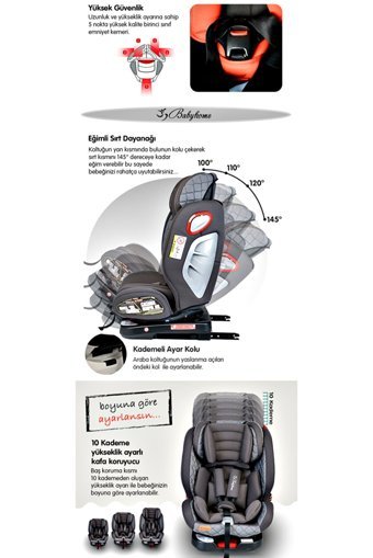 Baby Home 910 Nautilus Fix Isofixli-Emniyet Kemerli 360 Derece Dönen 0-36 kg Yatabilen Çift Yönlü Oto Koltuğu Gri