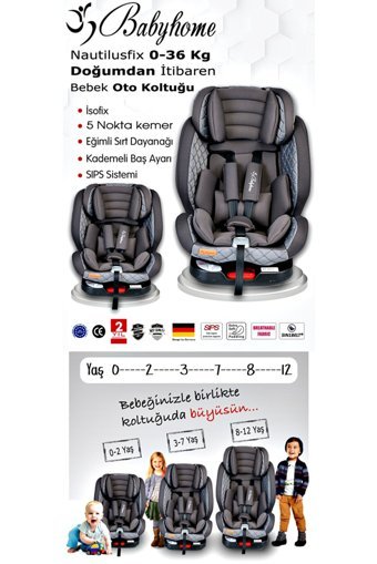 Baby Home 910 Nautilus Fix Isofixli-Emniyet Kemerli 360 Derece Dönen 0-36 kg Yatabilen Çift Yönlü Oto Koltuğu Gri