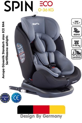 Kraft Spin Eco Fix Isofixli 360 Derece Dönen 0-36 kg Yatabilen Yükseklik Ayarlı Çift Yönlü Oto Koltuğu Gri