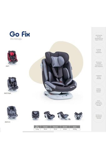 Baby2Go 2067 Go Fix Isofixli-Emniyet Kemerli 360 Derece Dönen 0-36 kg Yatabilen Yükseklik Ayarlı Çift Yönlü Oto Koltuğu Siyah