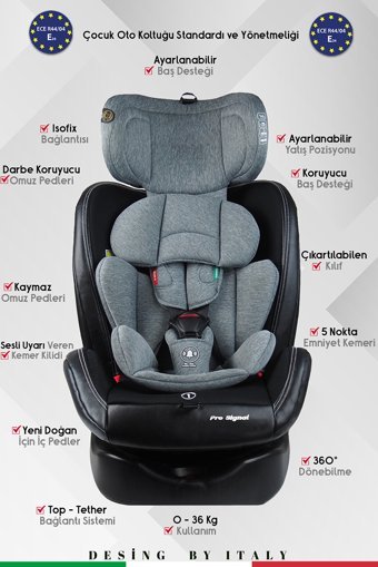 Prego Pro Fix Pro Signal Isofixli-Emniyet Kemerli 360 Derece Dönen 0-36 kg Yatabilen Yükseklik Ayarlı Çift Yönlü Oto Koltuğu Gri
