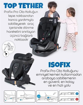 Prego Pro Fix Pro Isofixli-Emniyet Kemerli 360 Derece Dönen 0-36 kg Yatabilen Yükseklik Ayarlı Çift Yönlü Oto Koltuğu Siyah