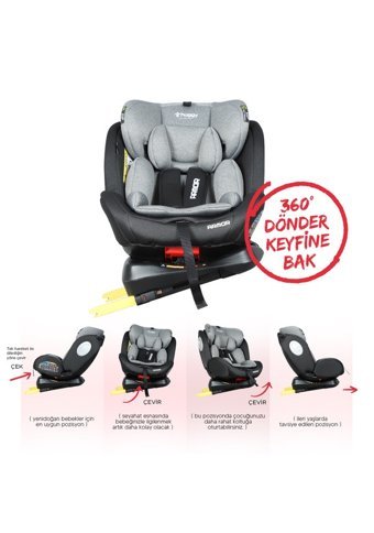Huggy Armor Rotate Isofixli-Emniyet Kemerli 360 Derece Dönen 0-36 kg Yatabilen Yükseklik Ayarlı Çift Yönlü Oto Koltuğu Gri