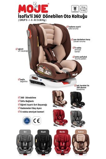 Moje Cape Town Isofixli 360 Derece Dönen 0-36 kg Yatabilen Yükseklik Ayarlı Çift Yönlü Oto Koltuğu Gri