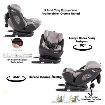 Kraft Easy Rotate Isofixli 360 Derece Dönen 0-36 kg Yatabilen Yükseklik Ayarlı Sürüş Yönü Oto Koltuğu Kırmızı
