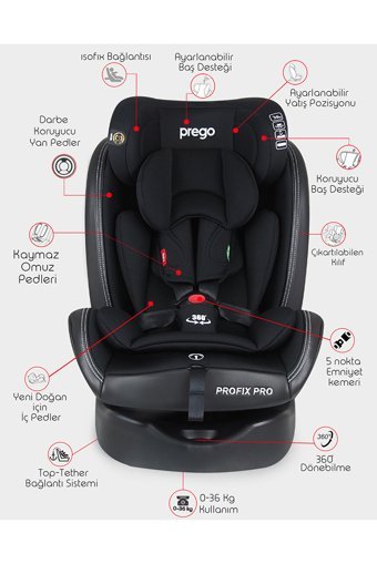Prego Pro Fix Pro Signal Isofixli-Emniyet Kemerli 360 Derece Dönen 0-36 kg Yatabilen Yükseklik Ayarlı Çift Yönlü Oto Koltuğu Siyah