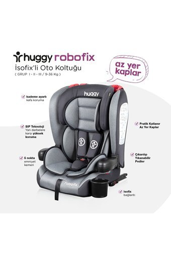 Huggy Robo Fix Isofixli-Emniyet Kemerli 9-36 kg Yatabilen Yükseklik Ayarlı Sürüş Yönü Oto Koltuğu Kırmızı