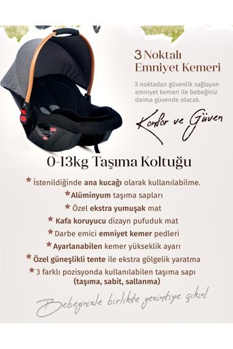 Baby Home 490 Jojo Emniyet Kemerli 0-13 kg Yükseklik Ayarlı Çift Yönlü Oto Koltuğu Gri