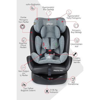 Prego Pro Fix Pro Isofixli-Emniyet Kemerli 360 Derece Dönen 0-36 kg Yatabilen Yükseklik Ayarlı Çift Yönlü Oto Koltuğu Gri