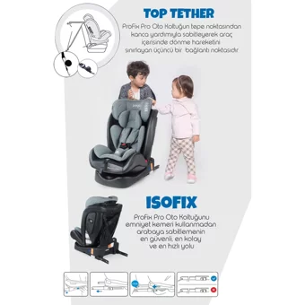 Prego Pro Fix Pro Isofixli-Emniyet Kemerli 360 Derece Dönen 0-36 kg Yatabilen Yükseklik Ayarlı Çift Yönlü Oto Koltuğu Gri
