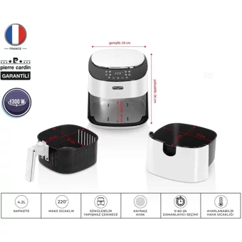 Pierre Cardin PCAFR001 Airfryer 4.2 lt Tek Hazneli Izgara Yapan Led Ekranlı Yağsız Sıcak Hava Fritözü Beyaz