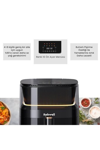 Robwell Rxo5 Airfryer 5 lt Tek Hazneli Led Ekranlı Yağsız Sıcak Hava Fritözü Siyah