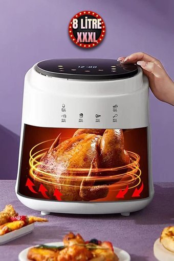 Robo H King Airfryer 8 lt Tek Hazneli Led Ekranlı Yağsız Sıcak Hava Fritözü Beyaz