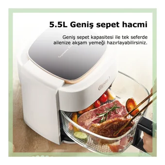 Dynoas Elite Airfryer 5.5 lt Tek Hazneli Led Ekranlı Yağsız Sıcak Hava Fritözü Beyaz