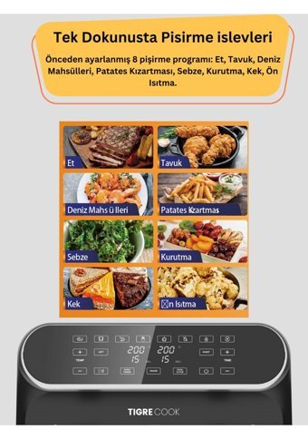 Tigre AFT08003F Airfryer 8 lt İki Hazneli Izgara Yapan Led Ekranlı Yağsız Sıcak Hava Fritözü Siyah
