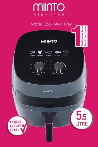 Miinto Master Cook M6W Airfryer 5.5 lt Tek Hazneli Izgara Yapan Led Ekranlı Yağsız Sıcak Hava Fritözü Gri