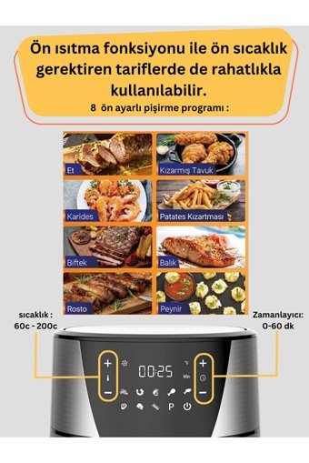 Tigre Cook FS075A Airfryer 8 lt Tek Hazneli Izgara Yapan Led Ekranlı Yağsız Sıcak Hava Fritözü İnox