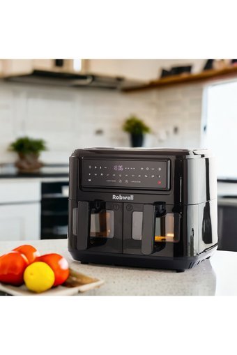 Robwell SE12 Airfryer 9 lt İki Hazneli Led Ekranlı Yağsız Sıcak Hava Fritözü Siyah