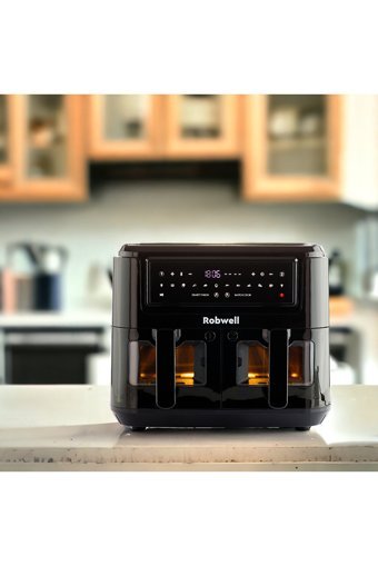 Robwell SE12 Airfryer 9 lt İki Hazneli Led Ekranlı Yağsız Sıcak Hava Fritözü Siyah