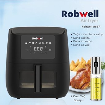 Robwell AS27 Airfryer 6 lt Tek Hazneli Izgara Yapan Led Ekranlı Yağsız Sıcak Hava Fritözü Siyah