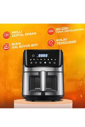 Robo H King Airfryer 6 lt Tek Hazneli Izgara Yapan Led Ekranlı Yağsız Sıcak Hava Fritözü Gri