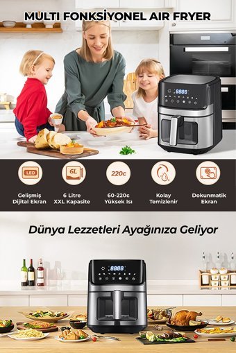 Robo H King Airfryer 6 lt Tek Hazneli Izgara Yapan Led Ekranlı Yağsız Sıcak Hava Fritözü Gri