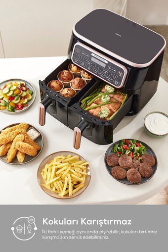 Karaca Air Pro Cook Duo Tandır XXXL Airfryer 8 lt İki Hazneli Izgara Yapan Led Ekranlı Sıcak Hava Fritözü Beyaz