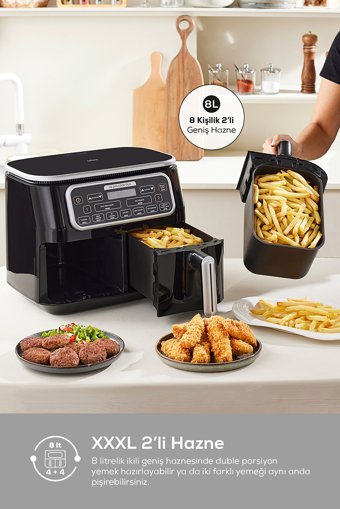 Karaca Air Pro Cook Duo Tandır XXXL Airfryer 8 lt İki Hazneli Izgara Yapan Led Ekranlı Sıcak Hava Fritözü Beyaz
