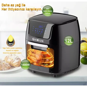 Npo Haeger Hg-5297 Airfryer 12 lt Izgara Yapan Led Ekranlı Yağsız Sıcak Hava Fritözü Siyah