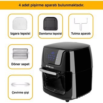 Npo Haeger Hg-5297 Airfryer 12 lt Izgara Yapan Led Ekranlı Yağsız Sıcak Hava Fritözü Siyah