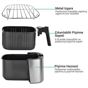 Wiami Retro Airfryer 6.5 lt Tek Hazneli Led Ekranlı Yağsız Sıcak Hava Fritözü İnox