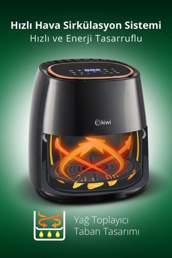 Kiwi KAF-5536 Airfryer 5 lt Tek Hazneli Led Ekranlı Yağsız Sıcak Hava Fritözü Siyah