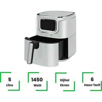Wiami Airfryer 5 lt Tek Hazneli Izgara Yapan Led Ekranlı Yağsız Sıcak Hava Fritözü Beyaz