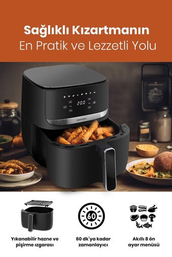 Goldmaster Stilo Airfryer 5.7 lt Tek Hazneli Led Ekranlı Yağsız Sıcak Hava Fritözü Siyah