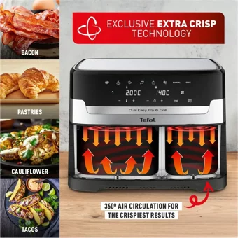 Tefal Easy Fry & Grill Airfryer 8.3 lt İki Hazneli Led Ekranlı Yağsız Sıcak Hava Fritözü Gri