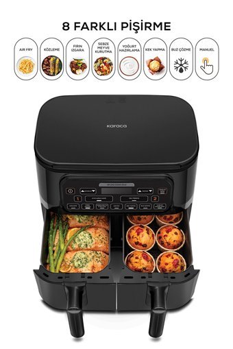 Karaca Air Pro Cook Duo Köz XXXL Airfryer 8 lt İki Hazneli Izgara Yapan Led Ekranlı Sıcak Hava Fritözü Siyah