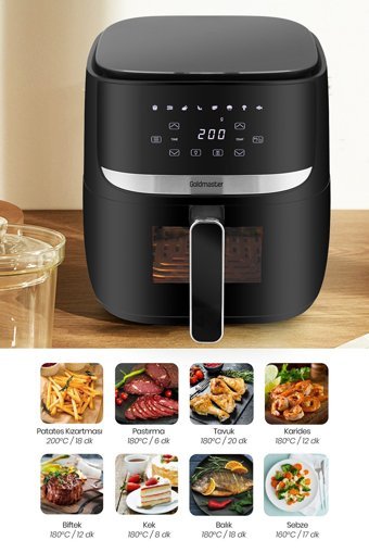 Goldmaster Bella Airfryer 5.7 lt Tek Hazneli Izgara Yapan Yağsız Sıcak Hava Fritözü Siyah