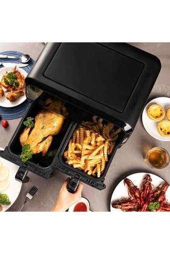 Hutt D8 Airfryer 8 lt İki Hazneli Izgara Yapan Led Ekranlı Yağsız Sıcak Hava Fritözü Siyah