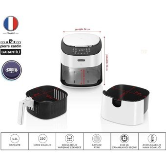 Pierre Cardin Airfryer 4.2 lt Tek Hazneli Izgara Yapan Led Ekranlı Yağsız Sıcak Hava Fritözü Beyaz