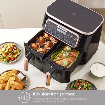Karaca Air Pro Cook Duo Tandır XXXL Airfryer 8 lt İki Hazneli Izgara Yapan Led Ekranlı Sıcak Hava Fritözü Siyah