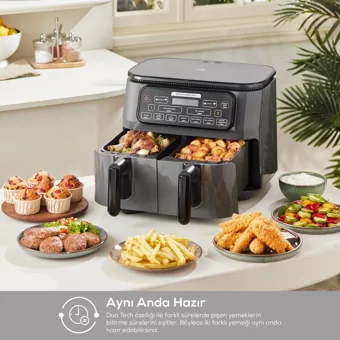 Karaca Air Pro Cook Duo Tandır XXXL Airfryer 8 lt İki Hazneli Izgara Yapan Led Ekranlı Sıcak Hava Fritözü Siyah
