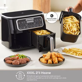 Karaca Air Pro Cook Duo Tandır XXXL Airfryer 8 lt İki Hazneli Izgara Yapan Led Ekranlı Sıcak Hava Fritözü Siyah