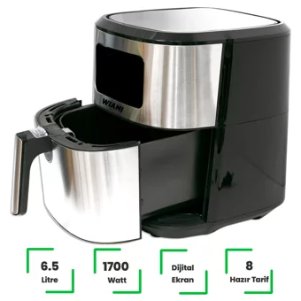 Wiami Airfryer 6.5 lt Tek Hazneli Izgara Yapan Led Ekranlı Yağsız Sıcak Hava Fritözü İnox
