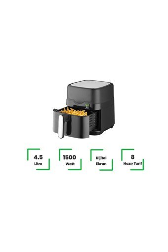 Wiami Airfryer 4.5 lt Tek Hazneli Led Ekranlı Yağsız Sıcak Hava Fritözü Siyah
