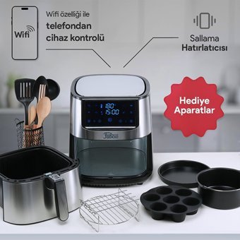 Fabcio Uno Smart Airfryer 6 lt Tek Hazneli Izgara Yapan Led Ekranlı Yağsız Sıcak Hava Fritözü Gri