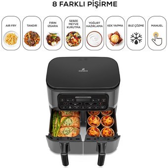 Karaca Air Pro Cook Duo XXXL 8 lt İki Hazneli Izgara Yapan Led Ekranlı Yağsız Sıcak Hava Fritözü İnox