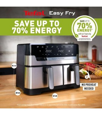 Tefal Dual Easy Fry & Grill Airfryer 8.3 lt İki Hazneli Led Ekranlı Yağsız Sıcak Hava Fritözü Gri